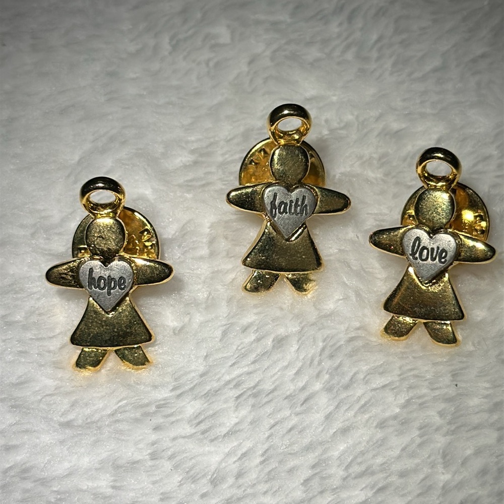 Faith, Hope, Love Lapel Pins Gold Toned w Heart & Scripted Word EUC